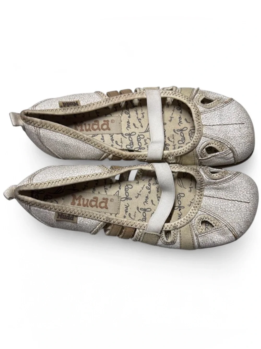 Y2K Mudd Mary Jane Ballet Flats Cream Brown Crackle Elastic Slip On Shoe Girl 3M